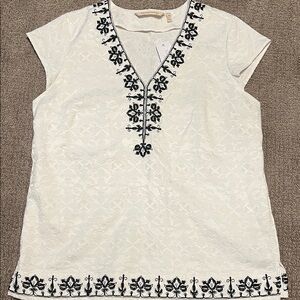 Soft Surroundings White Top with Black Embroidery